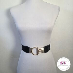 Black Stretchy Waist Belt With Gold Circular Buckle